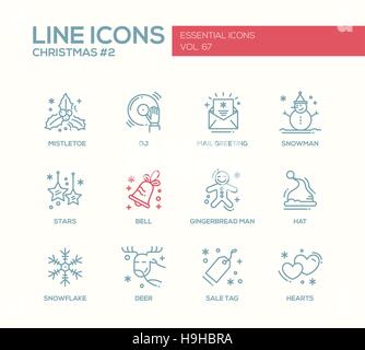 Natale e Anno Nuovo - set di moderno vettore semplice design linea di icone e pittogrammi. Vischio, dj, mail saluto, snowman, stelle, bell, pan di zenzero Illustrazione Vettoriale