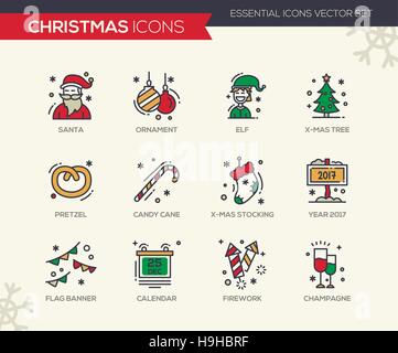 Natale e Anno Nuovo - set di vettore di moderno design di linea di icone e pittogrammi. Santa, ornamento, Elf, X-mas tree, pretzel, candy cane, stoccaggio, anno Illustrazione Vettoriale