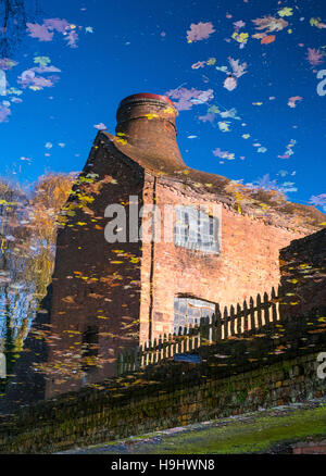 Coalport China Museum edifici riflettono in Shropshire Canal in autunno, Coalport, Shropshire, Inghilterra, Regno Unito Foto Stock