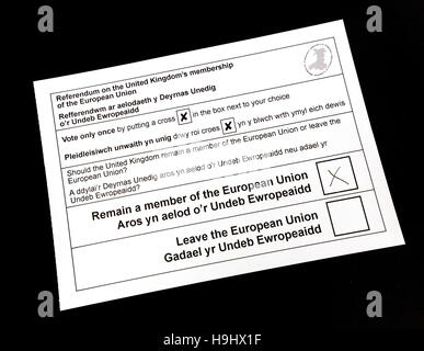 La carta di voto per il 2016 UK referendum sulla rimanente o di lasciare l'Unione europea Foto Stock