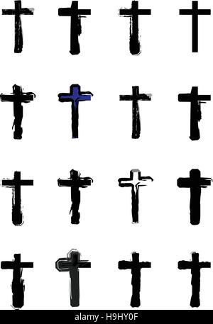 Grunge disegnati a mano croce set di simboli Illustrazione Vettoriale