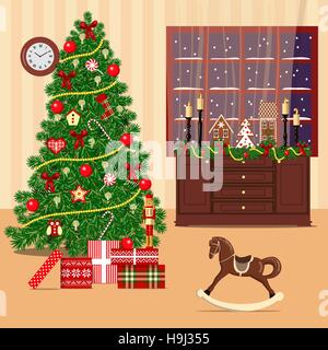 Natale camera decorata con albero di natale, finestra, giocattoli Illustrazione Vettoriale