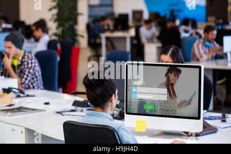 Immagine composita della schermata di login con redheaded donna e pad Foto Stock