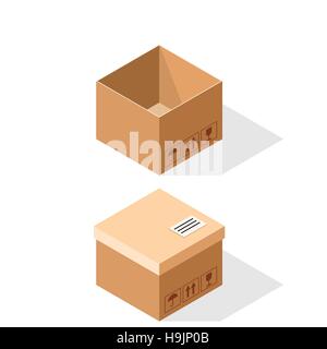 Scatole di cartone, aperto e chiuso con il coperchio. Illustrazione Vettoriale