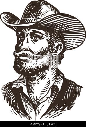 Cowboy, proprietario terriero o agricoltore. Mano bozzetto illustrazione vettoriale Illustrazione Vettoriale