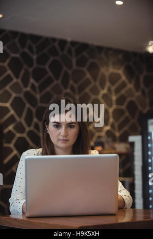 Imprenditrice utilizzando laptop in cafÃ© Foto Stock