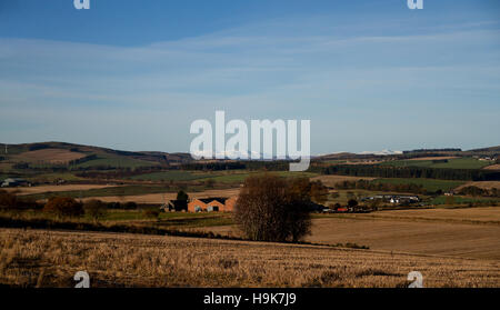 Montagne innevate di Angus Glens dietro le colline Sidlaw nelle zone rurali a Dundee, Regno Unito Foto Stock