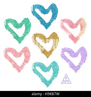 Vettore. Set di disegnati a mano cuori glitter con isolati su sfondo bianco. Illustrazione Vettoriale