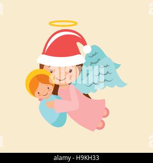 Cartoon angel tenendo un bambino Gesù. design colorato. illustrazione vettoriale Illustrazione Vettoriale