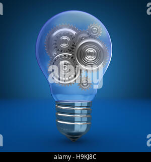 3d illustrazione della lampadina con ruote dentate all'interno, su sfondo blu Foto Stock