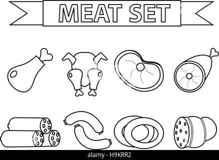 Carne e salumi icon set, moderno stile linea isolata su uno sfondo bianco. prodotti alimentari. Illustrazione Vettoriale Illustrazione Vettoriale