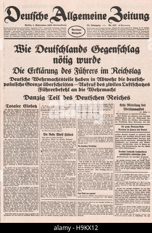 1939 Deutsche Algemeine Zeitung (Germania) front page invasione tedesca della Polonia Foto Stock