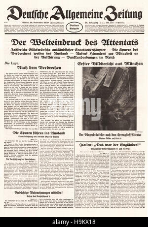 1939 Deutsche Algemeine Zeitung (Germania) front page attentato contro Adolf Hitler al Burgerbrau sala della birra di Monaco di Baviera Foto Stock