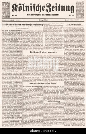 1941 Kölnischer Zeitung pagina anteriore la Germania nazista invade l Unione Sovietica Foto Stock