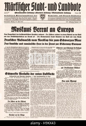 1941 Eberswalder Zeitung (Germania) pagina anteriore di Mosca 'tradimento dell'Europa" Foto Stock