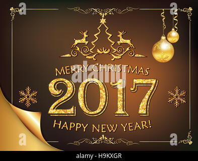 Elegante Biglietto di Auguri Design con Golden macchie di vernice, forme di renne, fiocchi di neve e baubles di Natale. Felice Anno Nuovo 2017 Foto Stock