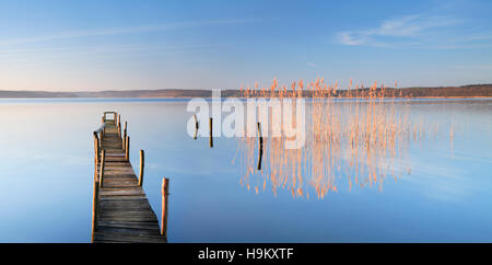 Stretto molo, la luce del mattino, Lago Plau, Plau am See, Meclemburgo-Pomerania, Germania Foto Stock