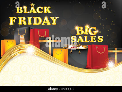Venerdì nero, grande vendita poster pubblicitario. Pubblicità shopping poster per venerdì nero. Contiene diversi shopping bag, shopp Foto Stock
