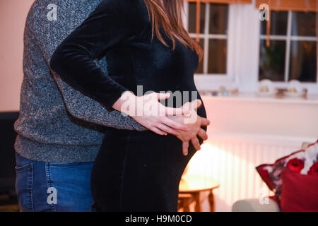 Donna incinta di essere coccolati dal marito o partner Foto Stock