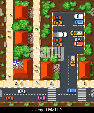 Vista superiore della città dalle strade, strade, case e automobili Foto Stock