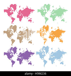 Punteggiato mappa del mondo. Impostare le carte pixel della Terra Foto Stock