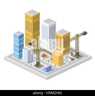 La costruzione industriale isometrics nella grande città di grattacieli in costruzione, case ed edifici Foto Stock