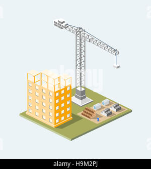 La costruzione industriale isometrics nella grande città di grattacieli in costruzione, case ed edifici Foto Stock