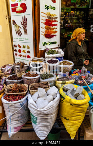 Una donna locale vende le spezie e le erbe da un negozio nella Medina di Fez el Bali, Fez, in Marocco Foto Stock