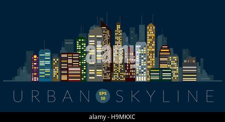 Urban Skyline di notte con grattacieli ed edifici alti design piatto Illustrazione Vettoriale