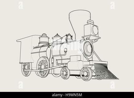 American vecchia locomotiva a vapore contorno disegno 3D illustrazione Foto Stock