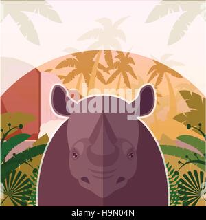 Appartamento immagine vettoriale della Rhino sullo sfondo della giungla Illustrazione Vettoriale