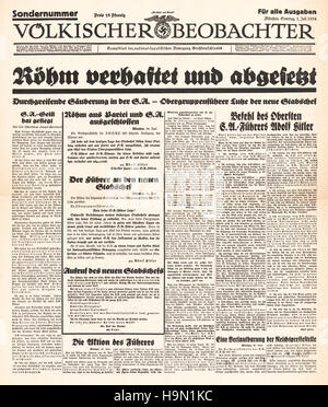 1938 Völkischer Beobachter front page reporting S.A. leader Ernst Röhm eseguito Foto Stock