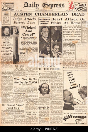 1937 Daily Express front page la morte di Austen Chamberlain Foto Stock