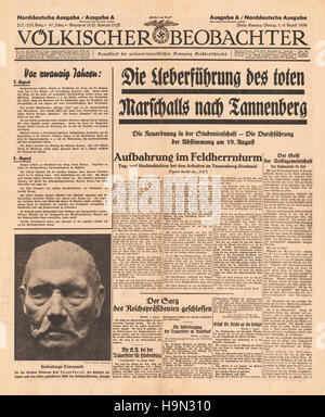 1934 Völkischer Beobachter pagina anteriore della morte del Presidente tedesco Paul von Hindenburg Foto Stock