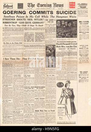 1946 Evening News (Londra) front page Herman Goering suicida Foto Stock