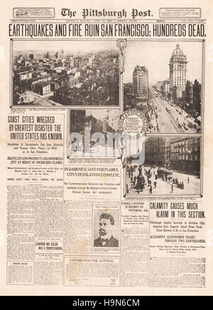 1906 Il Post di Pittsburgh (USA) pagina anteriore segnalato il San Francisco terremoto Foto Stock