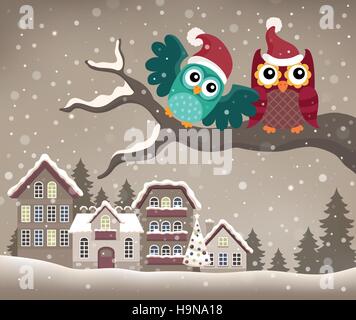 Il Natale di gufi sul ramo Tema immagine 3 - eps10 illustrazione vettoriale. Illustrazione Vettoriale