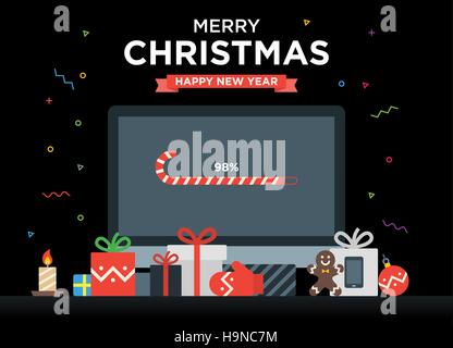 Geek Felice Anno Nuovo e scheda di natale con abstract barra di caricamento su computer, doni, candy, candela Illustrazione Vettoriale