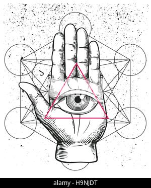 Illustrazione hipster con geometria sacra, la mano e l'occhio che tutto vede il simbolo triangolo abitacolo piramide. Occhio della Provvidenza. Simbolo massonico. Grunge di esoterico Illustrazione Vettoriale