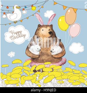Cartoon carino orso con i palloncini tenendo due piccoli coniglietti. Happy Birthday card design. Disegnato a mano elementi ad acquerello. Illustrazione Vettoriale