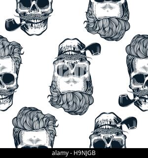 Hipster seamless pattern con cranio sagome, fiori di rose e strisce ad acquerello in background. Cranio silhouette in stile di incisione con devono Illustrazione Vettoriale