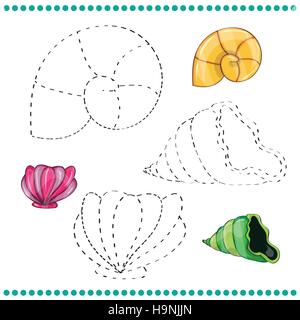 Collegare i puntini e pagina di colorazione con conchiglie Illustrazione Vettoriale