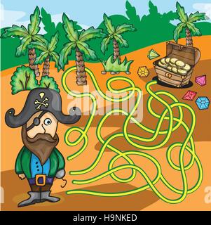 Vettore gioco labirinto - pirata divertente provare a trovare la casella del Tesoro nel deserto Illustrazione Vettoriale