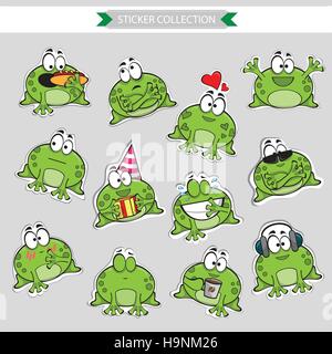 La mascotte di rana emoticon - set di adesivi del vettore Illustrazione Vettoriale