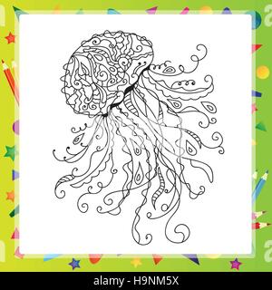 Disegnato a mano mare artistico Medusa per colorare le pagine in doodle, zentangle style Illustrazione Vettoriale