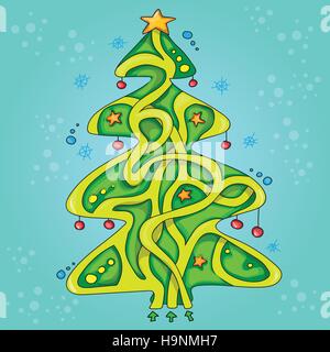 Carino illustrazione vettoriale del labirinto di istruzione o labirinto gioco - Nuovo Anno Albero Illustrazione Vettoriale