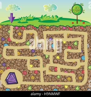 Labirinto per bambini - natura, sassi e pietre preziose sotto la terra - ottenere il percorso di diamante Illustrazione Vettoriale