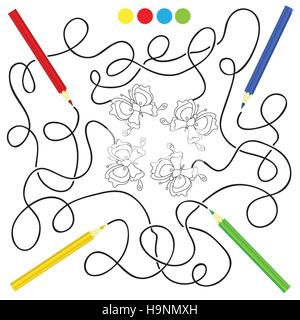 Gioco labirinto e colorazione pagina Attività per bambini: aiutare le matite per ottenere l'immagine Illustrazione Vettoriale