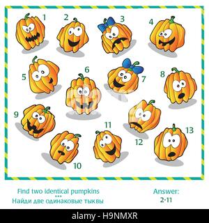 Halloween visual puzzle - trovare due immagini identiche di zucca. Risposta inclusa. Illustrazione Vettoriale