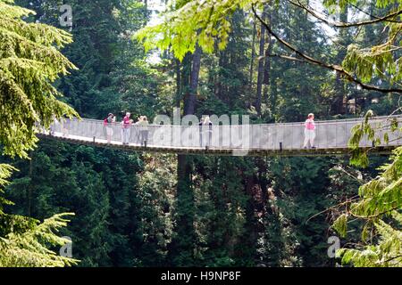 Vista laterale del Ponte Sospeso di Capilano a Vancouver in Canada Foto Stock